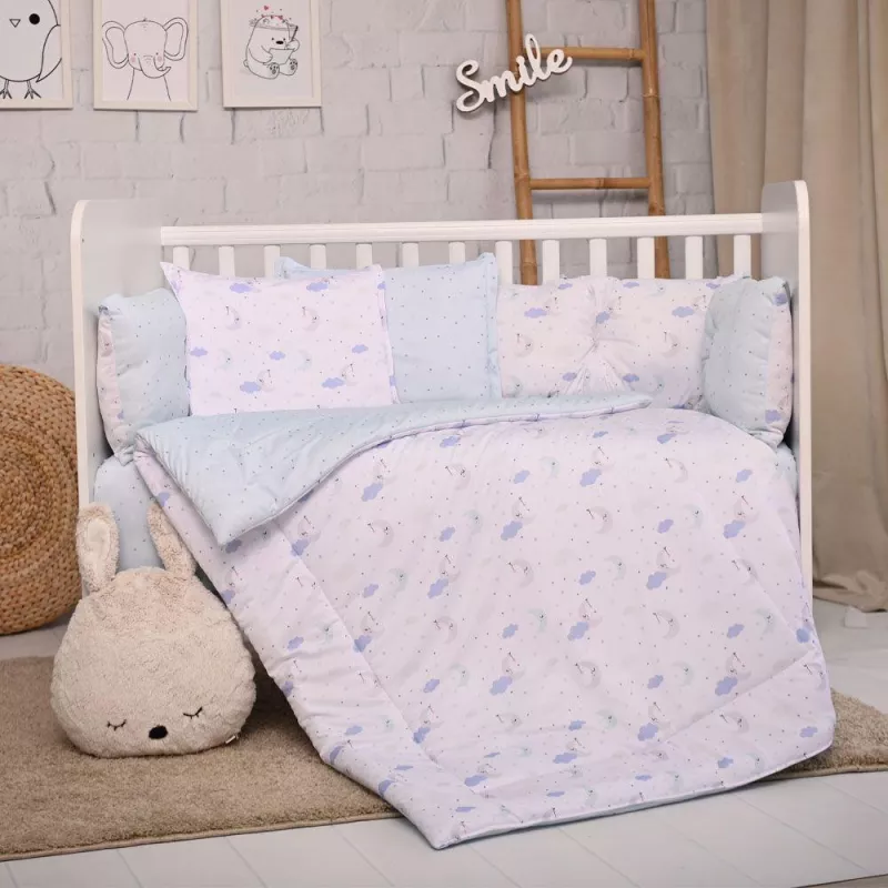 Set lenjerie pat 8 piese, 70x140 cm, bumbac ranforce, Moon & Stars Blue 1