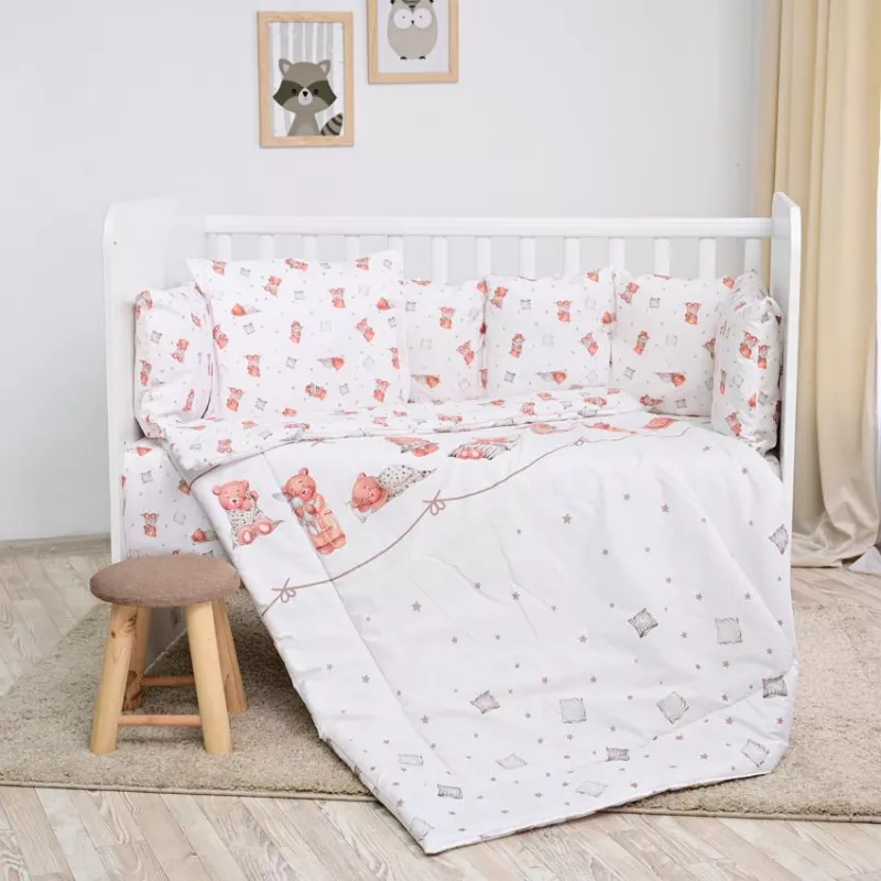 Set lenjerie pat 8 piese, 70x140 cm, bumbac ranforce, Bears & Pillows Beige 1
