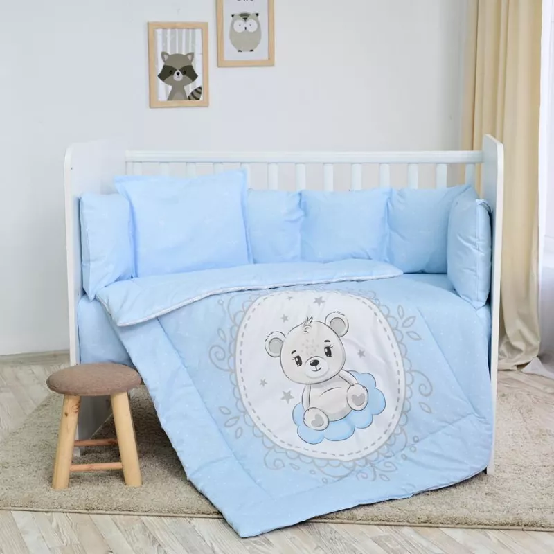 Set lenjerie pat 8 piese, 70x140 cm, bumbac ranforce, Little Bear Blue 1