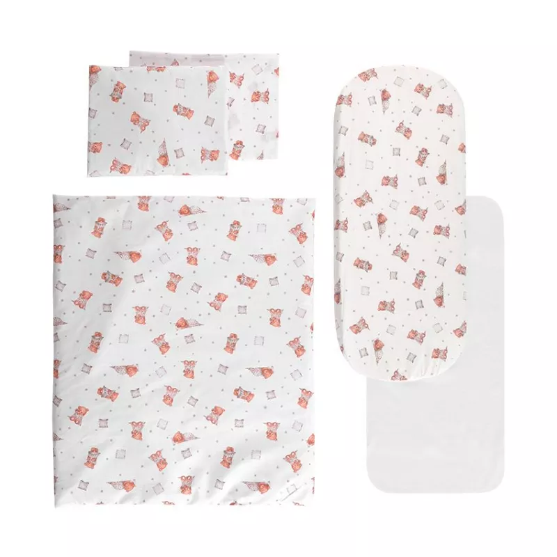 Set lenjerie pentru carucior, cu protectie impermeabila, 6 piese, Beige Bears & Pillows 1