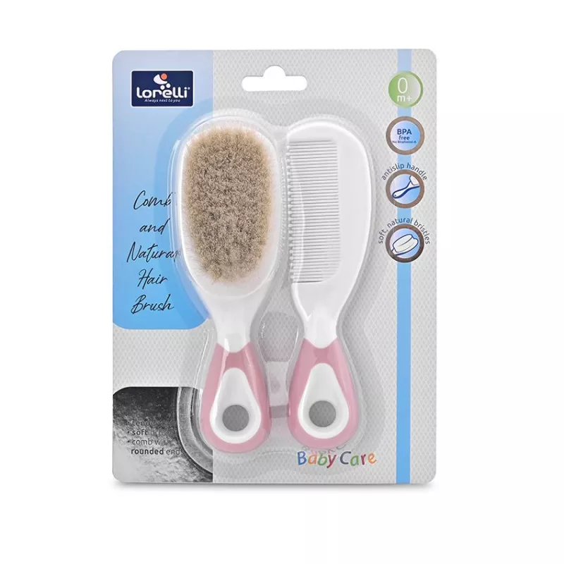 Set pieptan cu perie din par natural, 0 luni+, Pink 2