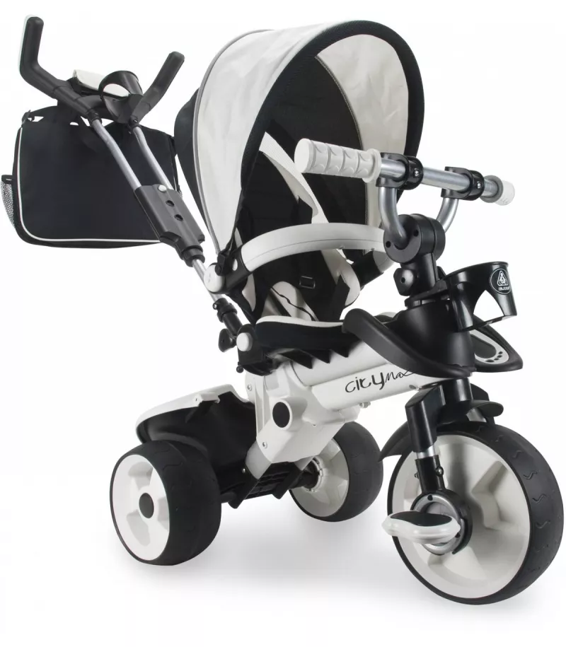 Tricicleta cu pozitie de somn pentru copii, Injusa, City Max, maner parental, cadru din aluminiu, 8 luni+, Alb cu Negru 1