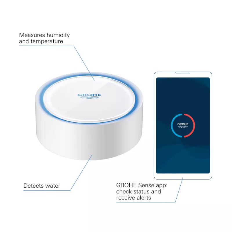 Senzor smart pentru apa Grohe Sense 22505LN1, APP, WiFi, baterie, semnal sonor, alb