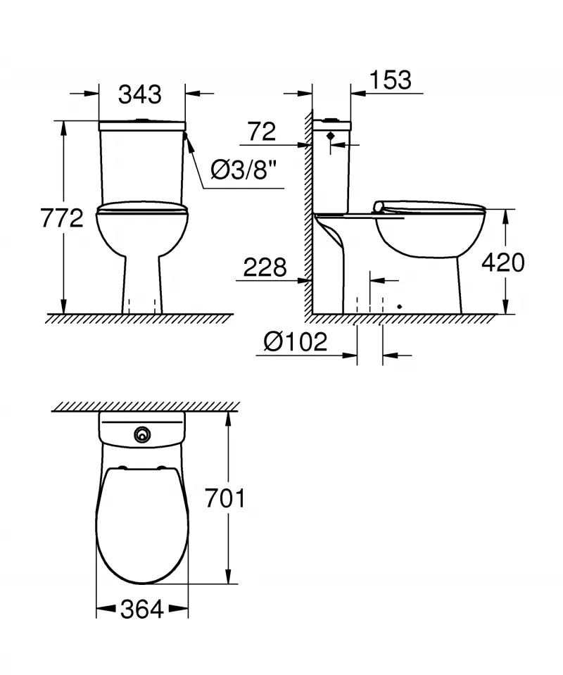 Set vas WC Bau Ceramic, pe podea, rimless, evacuare verticala, alimentare laterala, SoftClose, alb, 39346000