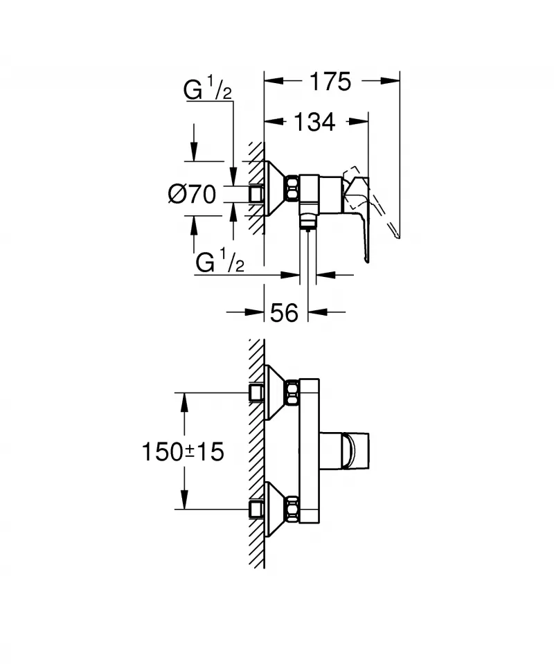Sistem de dus Grohe Bauloop Flex 23633001, 1/2'', aparent, 250 mm, 2 pulverizari, 1.5 m, anti-calcar, crom