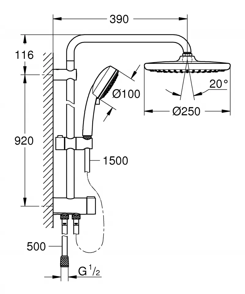 Sistem de dus Grohe Bauloop Flex 23633001, 1/2'', aparent, 250 mm, 2 pulverizari, 1.5 m, anti-calcar, crom