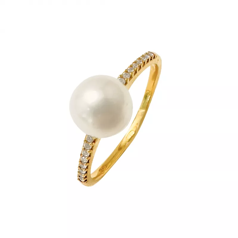 Inel de logodna din aur galben de 14K cu perla si zirconii
