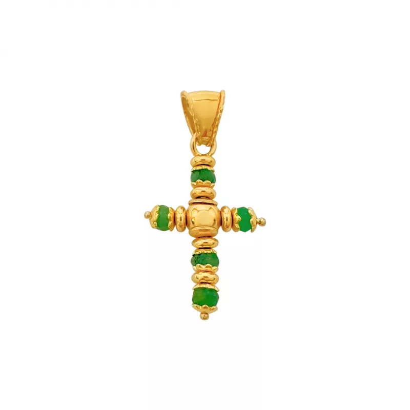 Pandantiv cruce din aur galben de 14K cu radacina de smarald