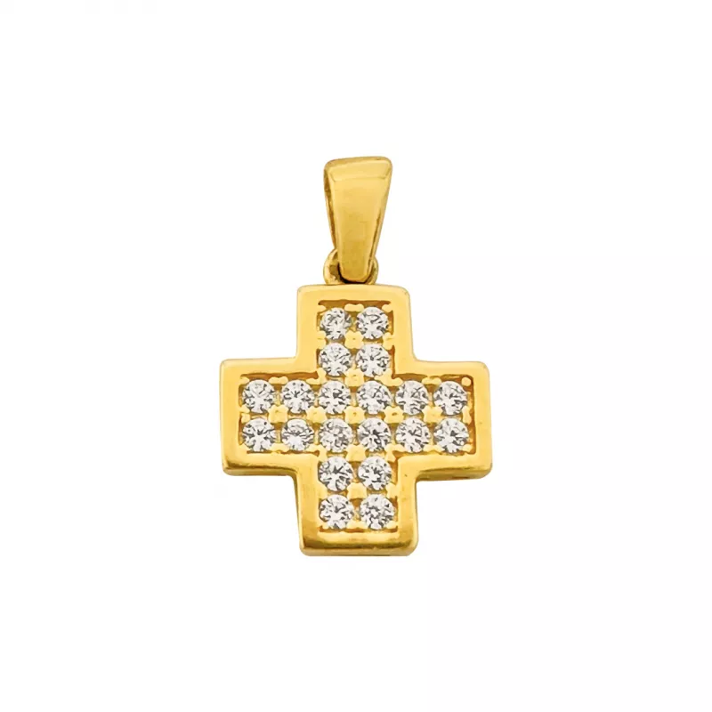 Pandantiv din aur galben de 14K cruce cu zirconii