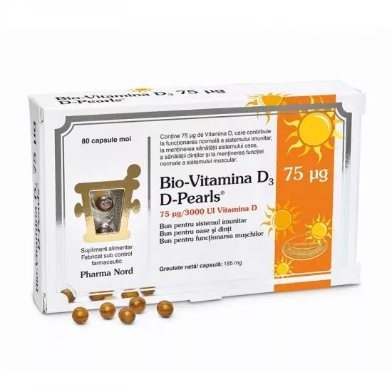 Bio vitamina D3 75mg D-Pearls 3000ui x 80 capsule moi, [],medik-on.ro