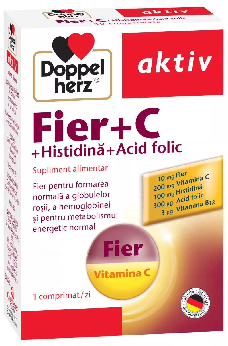 Doppelherz aktiv Fier + Vitamina C + Histidina + Acid Folic x 30 comprimate, [],medik-on.ro