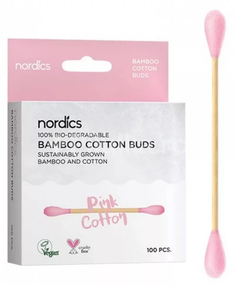 Nordics Betisoare roz pentru urechi cu bumbac si bambus x 100 bucati, [],medik-on.ro