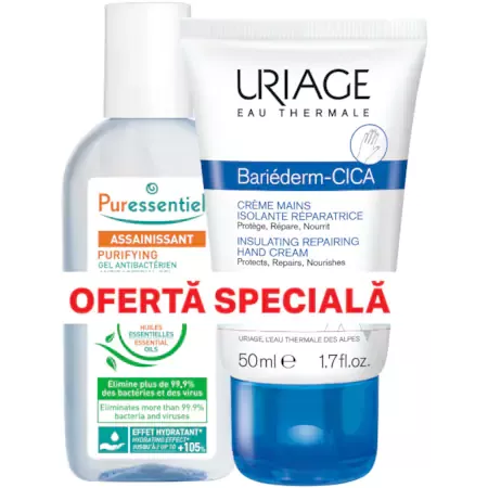 Uriage Pachet Bariederm crema de maini x 50ml + Purifying gel antibacterian x 80ml, [],medik-on.ro