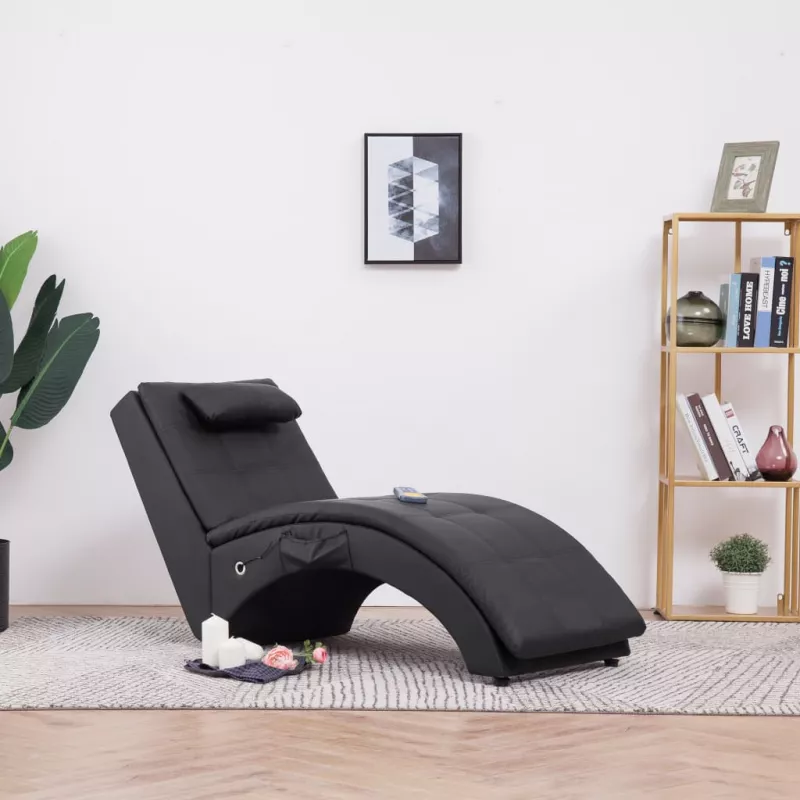 Șezlong de masaj cu pernă, negru, piele artificială, [],https:mobideco.ro