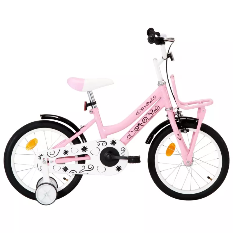 Bicicletă copii cu suport frontal, alb și roz, 16 inci, [],mobideco.ro