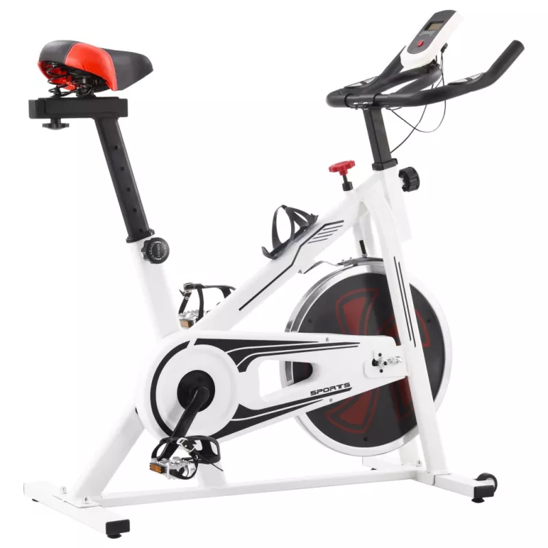 Bicicletă fitness, centrifugă, cu senzori puls, alb și roșu, [],mobideco.ro