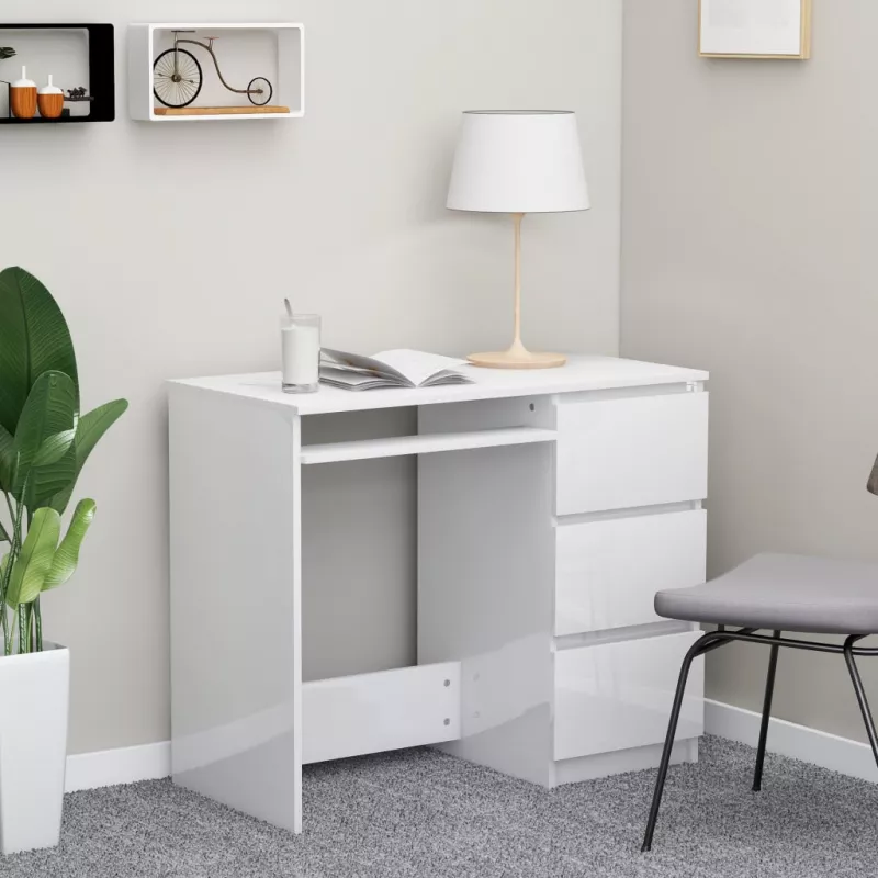 Birou, alb extralucios, 90 x 45 x 76 cm, PAL, [],https:mobideco.ro