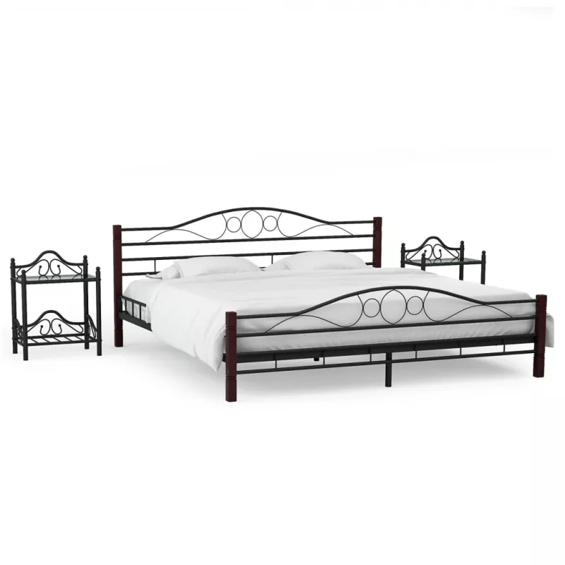 Cadru de pat cu 2 noptiere, negru, 140 x 200 cm, metal, [],mobideco.ro