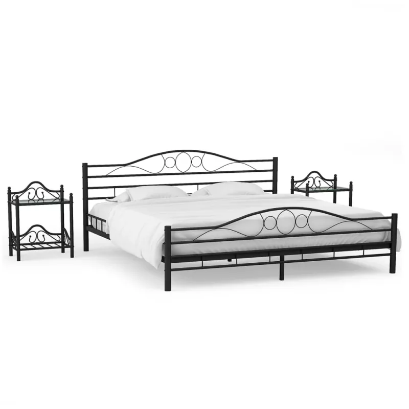 Cadru de pat cu 2 noptiere, negru, 180 x 200 cm, metal, [],mobideco.ro