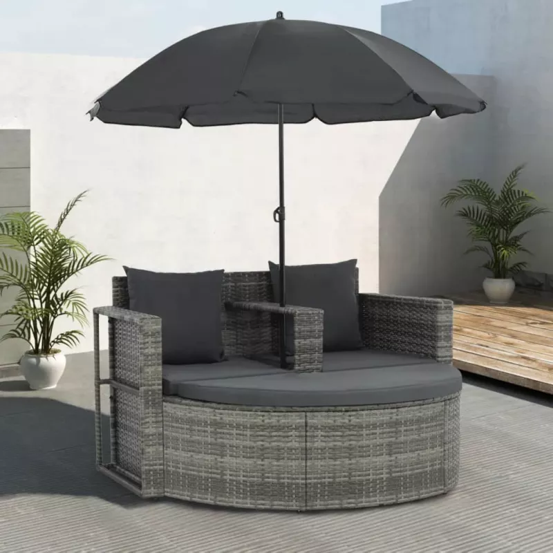 Canapea de grădină cu 2 locuri cu perne & umbrelă gri poliratan, [],mobideco.ro