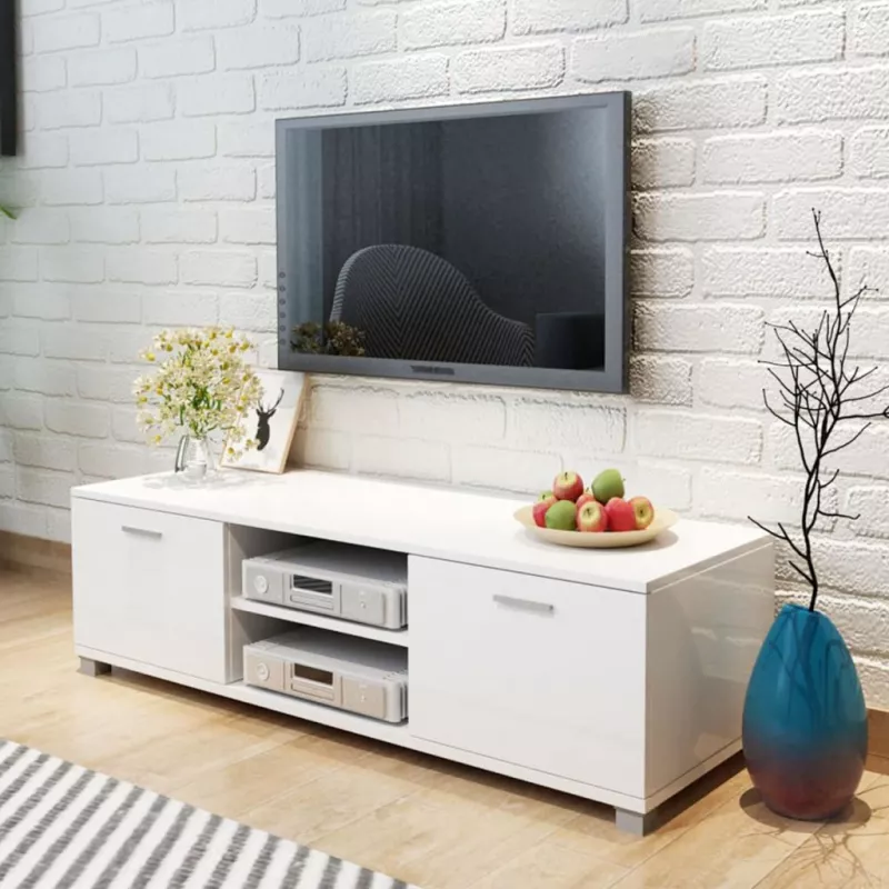 Comodă TV, alb extralucios, 140 x 40,3 x 34,7 cm, [],mobideco.ro