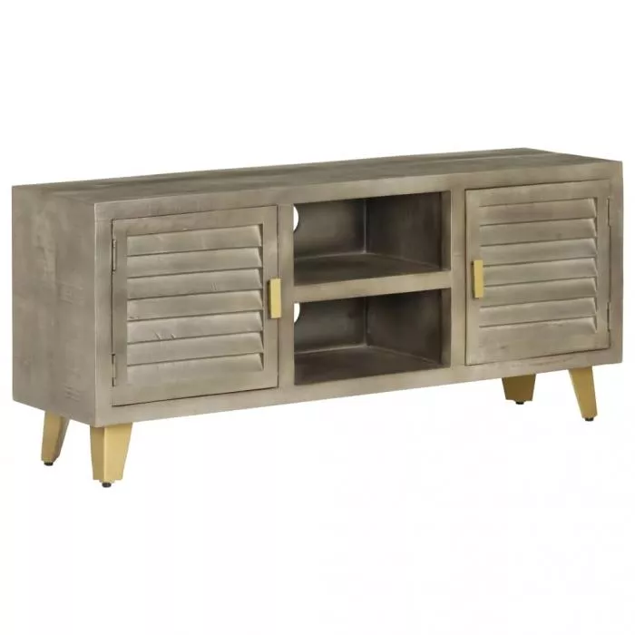 Comodă TV, gri, 110x30x48 cm, lemn masiv mango & alamă, [],https:mobideco.ro