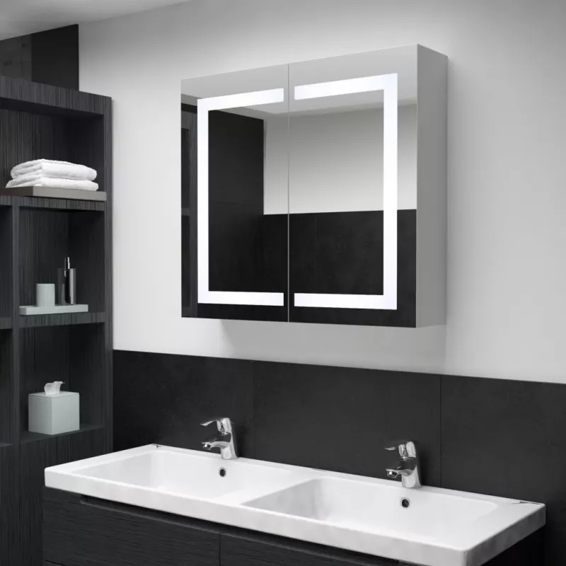 Dulap de baie cu oglindă și LED, 80 x 12,2 x 68 cm, [],mobideco.ro