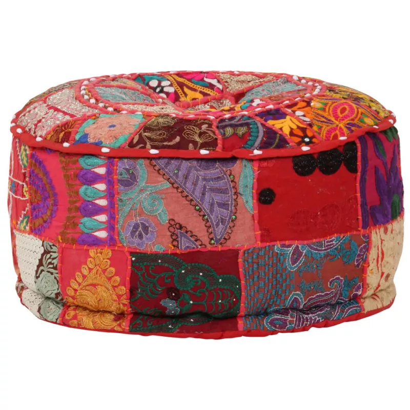 Fotoliu puf din petice, roșu, 40x20 cm, bumbac, rotund, manual, [],https:mobideco.ro