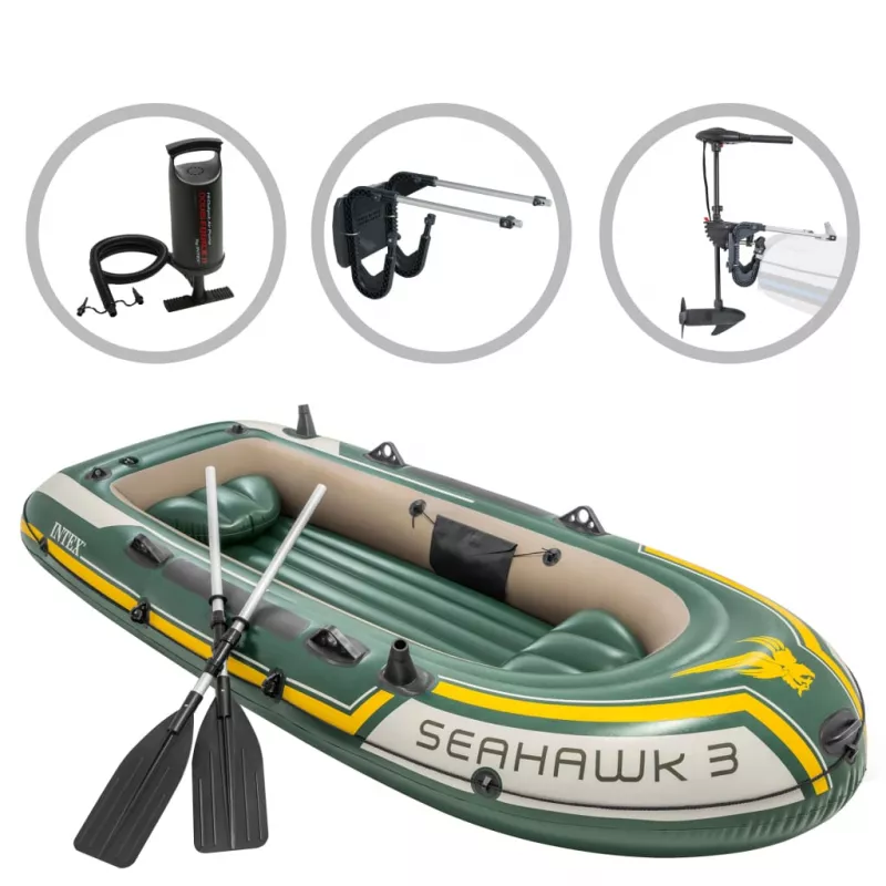 Intex Set barcă gonflabilă Seahawk 3 cu motor independent și suport, [],mobideco.ro
