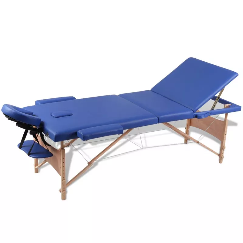 Masă de masaj pliabilă 3 părți cadru din lemn Albastru, [],mobideco.ro