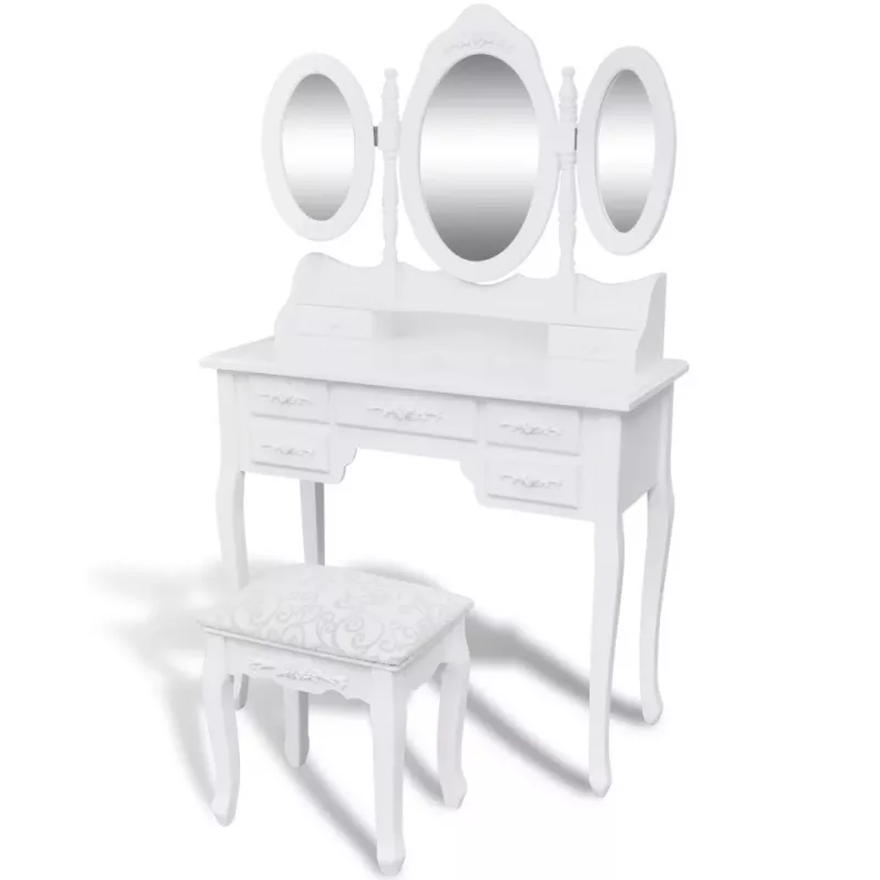 Masă de toaletă cu taburet și 3 oglinzi, alb, [],mobideco.ro