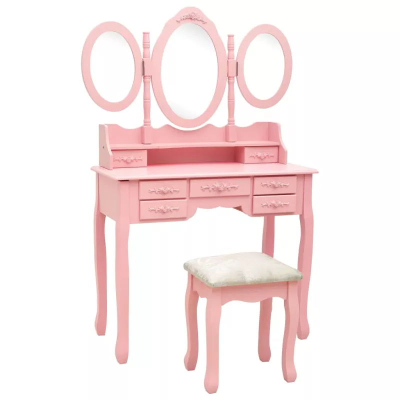 Masă de toaletă cu taburet și triptic oglinzi, roz, [],mobideco.ro