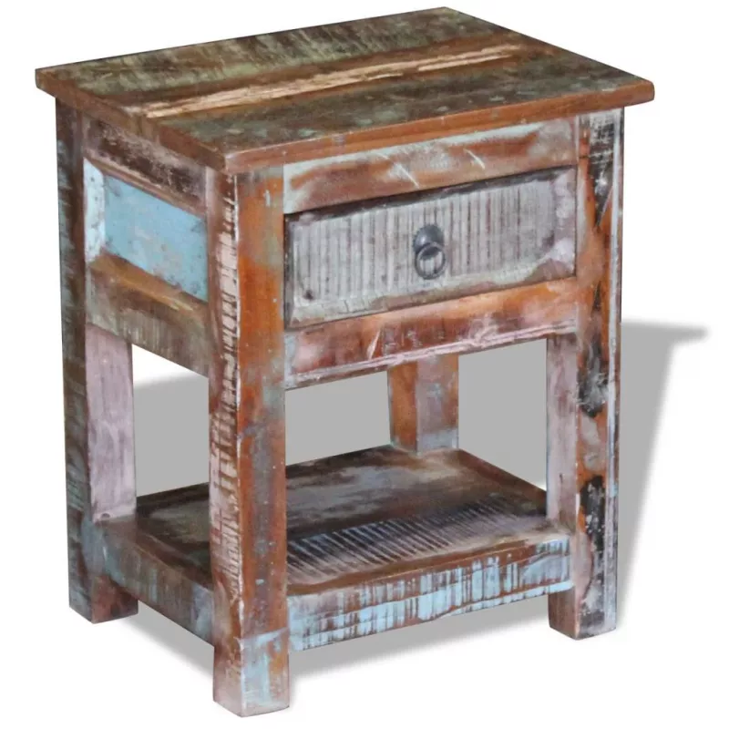 Masă laterală cu un sertar din lemn solid de mango, 43 x 33 x 51 cm, [],mobideco.ro