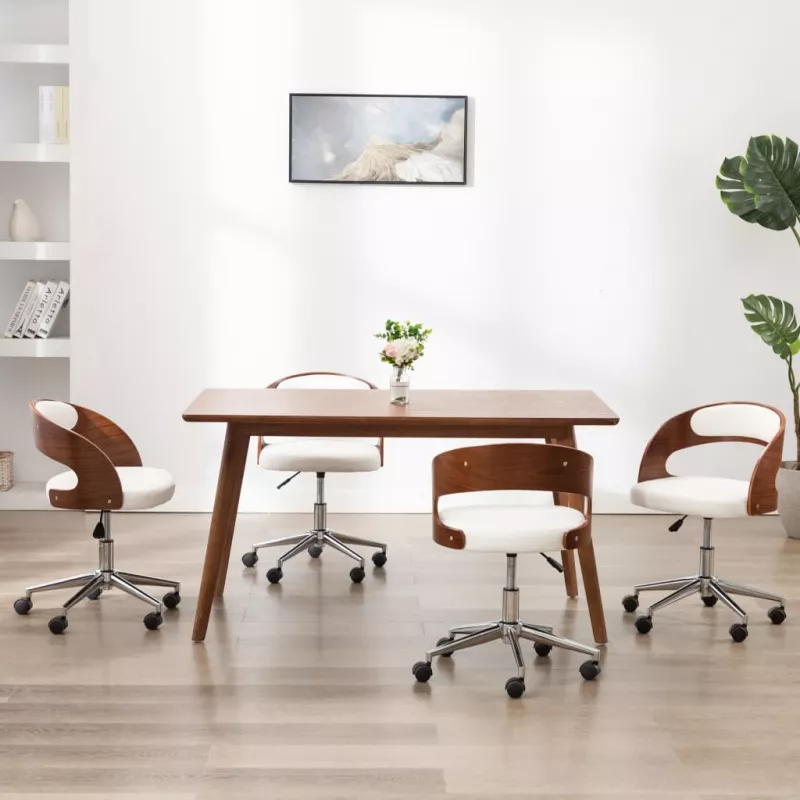 Scaune pivotante de masă, 4 buc., alb, lemn curbat & piele eco, [],https:mobideco.ro