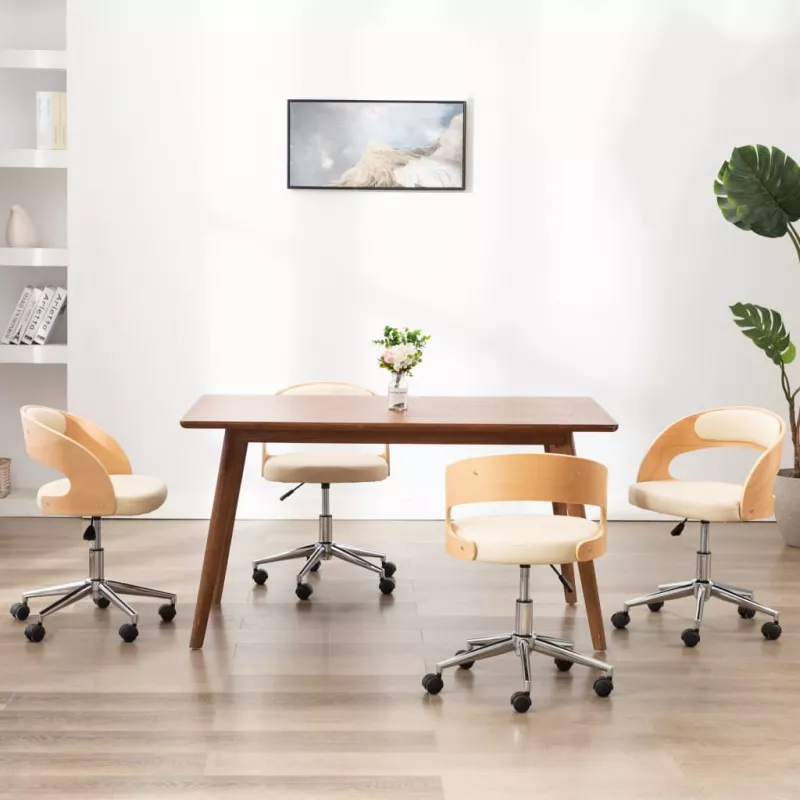 Scaune pivotante de masă, 4 buc., crem, lemn curbat & piele eco, [],https:mobideco.ro