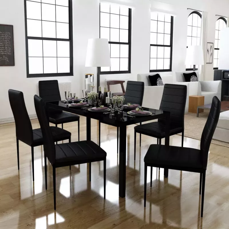 Set masă și scaune de bucătărie 7 piese, negru, [],mobideco.ro
