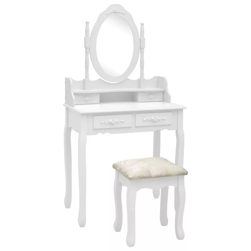 Set masă de toaletă cu taburet alb 75x69x140 cm lemn paulownia, [],mobideco.ro
