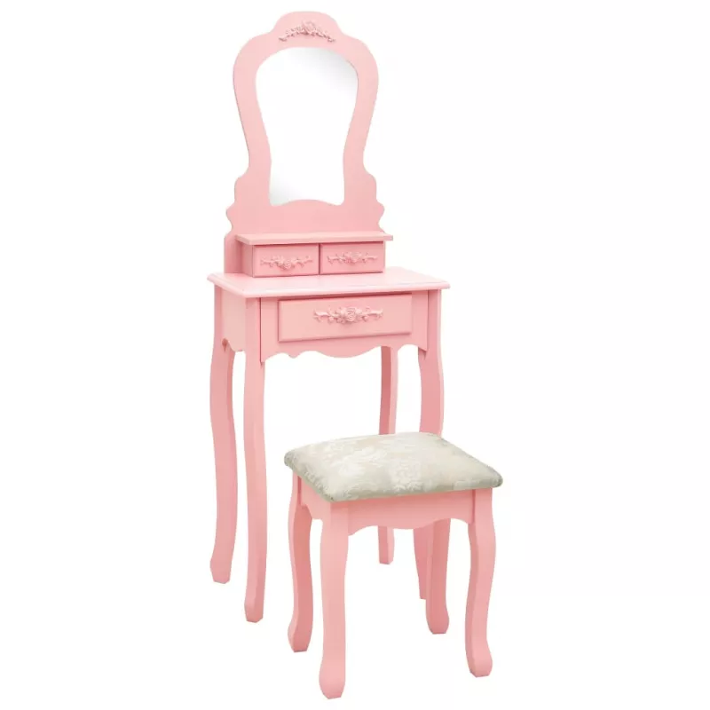 Set masă de toaletă cu taburet roz 50x59x136 cm lemn paulownia, [],mobideco.ro