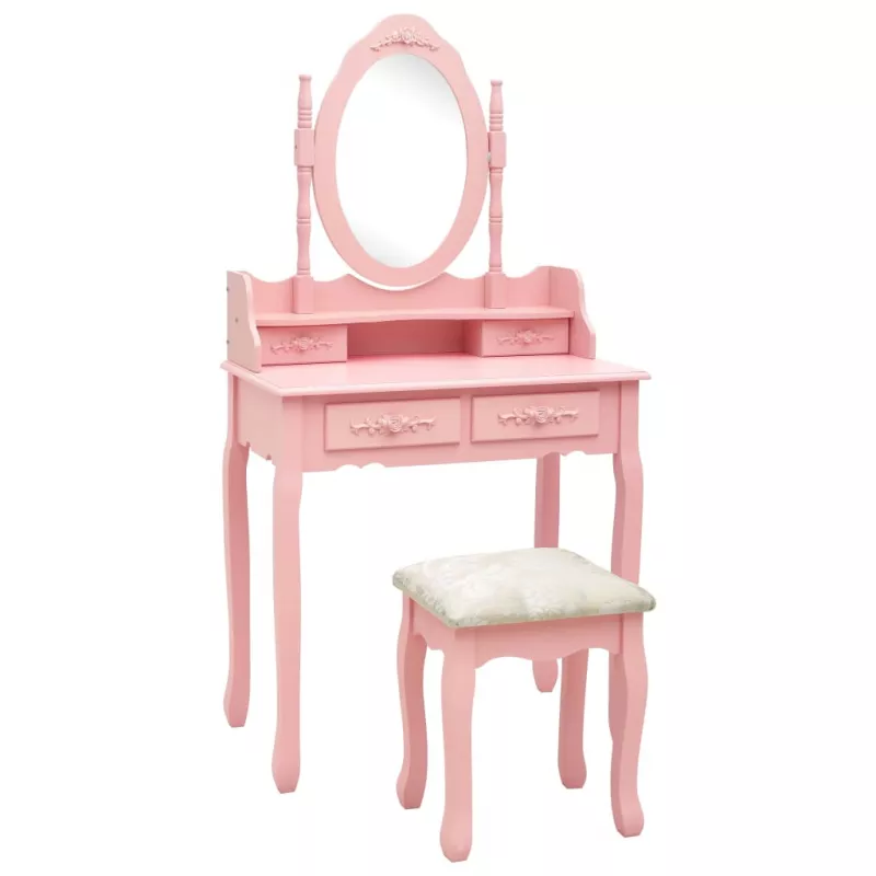 Set masă de toaletă cu taburet roz 75x69x140 cm lemn paulownia, [],mobideco.ro