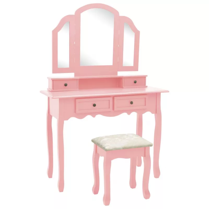 Set masă toaletă cu taburet roz 100x40x146 cm lemn paulownia, [],mobideco.ro