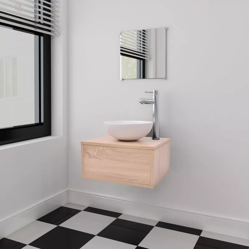 Set mobilier baie format din 3 piese cu chiuvetă inclusă, Bej, [],https:mobideco.ro