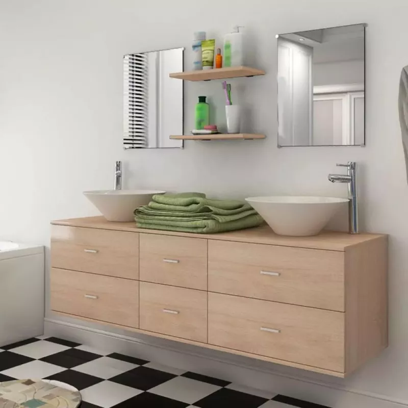 Set mobilier baie format din 7 piese cu chiuvete incluse, Bej, [],https:mobideco.ro