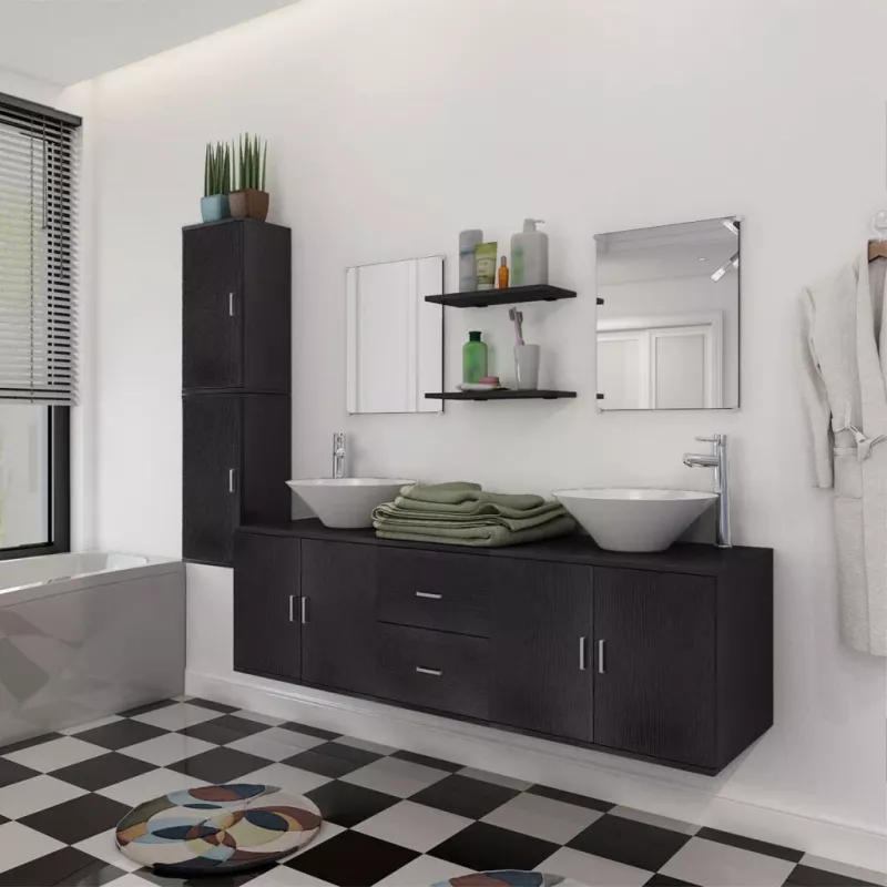 Set mobilier baie format din 9 piese cu chiuvete incluse, Negru, [],https:mobideco.ro
