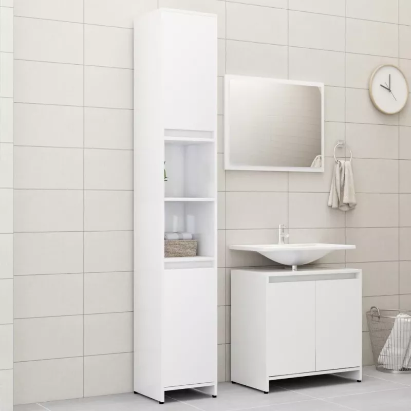 Set mobilier de baie, 3 piese, alb extralucios, PAL, [],https:mobideco.ro