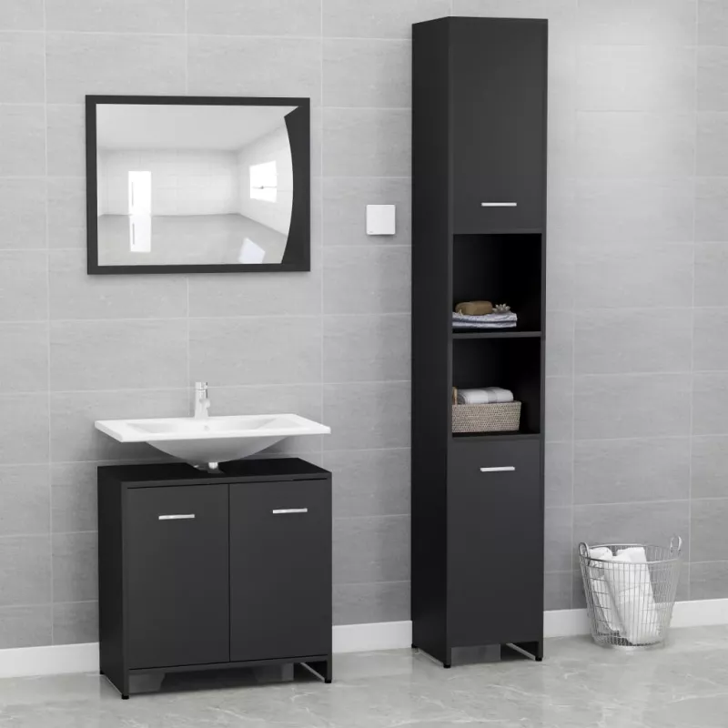 Set mobilier de baie, 3 piese, negru, PAL, [],https:mobideco.ro