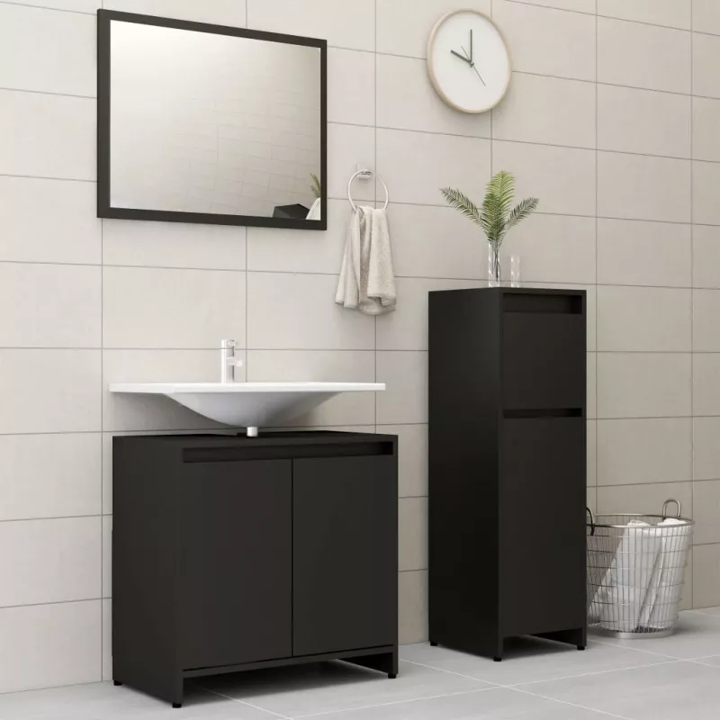 Set mobilier de baie, 3 piese, negru, PAL, [],https:mobideco.ro
