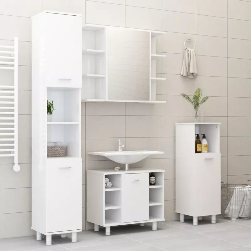 Set mobilier de baie, 4 piese, alb extralucios, PAL, [],https:mobideco.ro