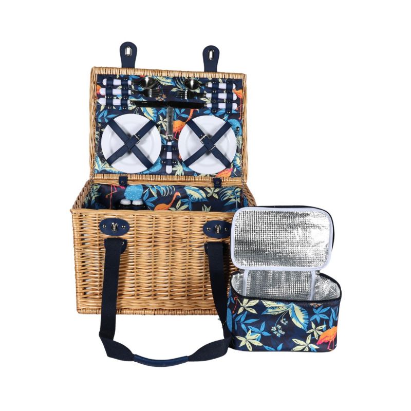 Cos de picnic pentru 4 persoane din rachita naturala maro deschis cu vesela, tacamuri si geanta frigorifica  ZQ23-1148