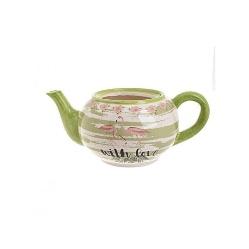 Ghiveci ceramic verde cu alb, ceainic Flamingo LWH 27Χ16,5Χ11