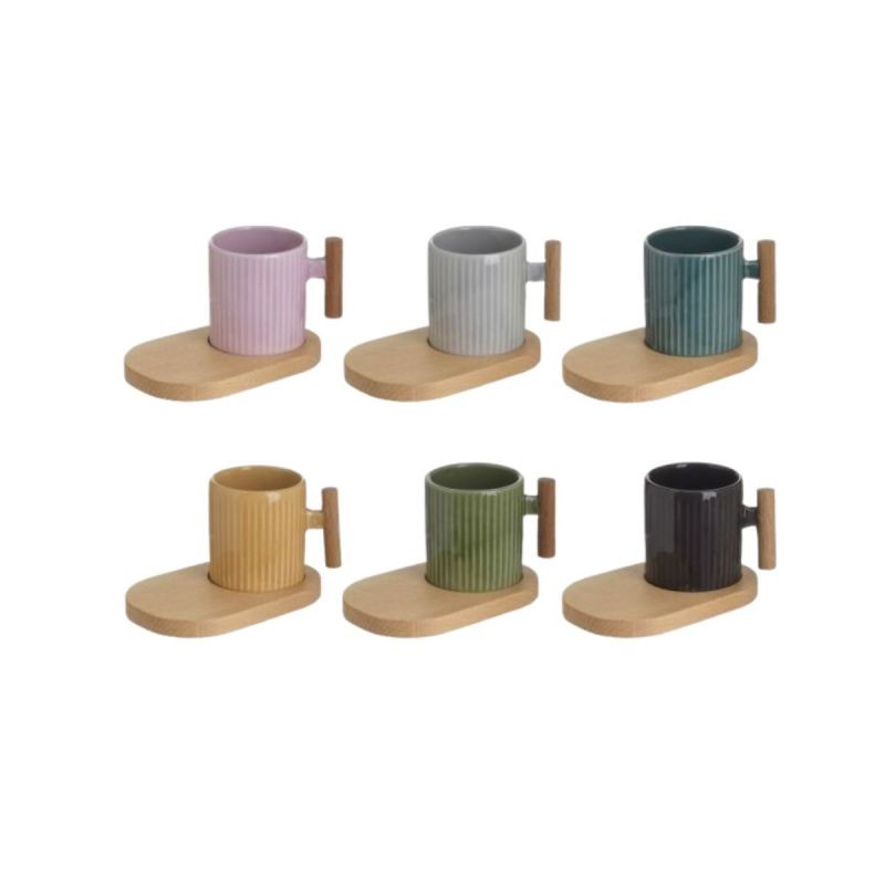 Set 6 cani de cafea,din ceramica, cu maner si suport de lemn, 12x8x7 cm, multicolor
